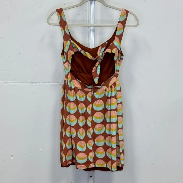Judith March Brown Geometric Crescent Print Linen Blend Cutout Tie Back Dress S - Image 2