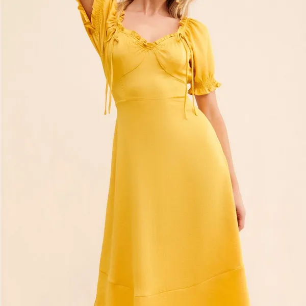 👗🌺Anthropologie Yellow Midi Dress M 6 8 Boho Cottagecore Puff Sleeve Ruffle Trim - Image 8