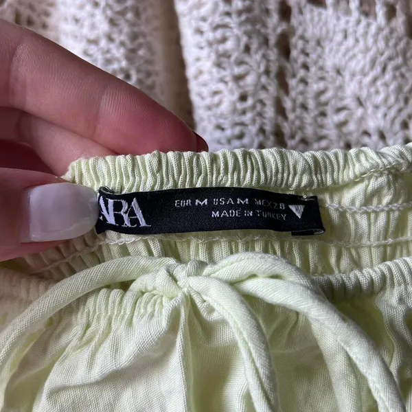 Zara Green Off Shoulder Ruched Milkmaid Crop Top Linen Blend Pastel Medium - Image 3
