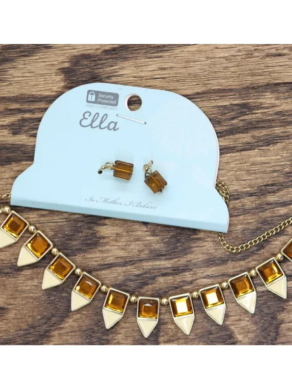 NWT Ella Geometric Pendant Dangly Earring Necklace Set Gold / Brown 18" + 3" - Image 2