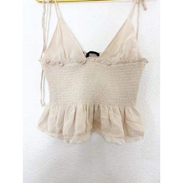 NWT Zara Tan Smocked Tie Straps Lace Trim Top Size Medium 0881/010 - Image 10