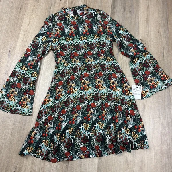 Zara Basic NWT XS‎ Floral Mini Dress Mock Neck Bell Sleeve Back Zip Viscose - Image 3