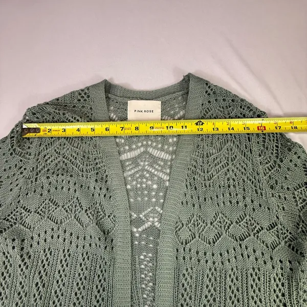 Pink Rose Sage Green Open Knit Longline Cardigan Duster with Pockets - Image 5