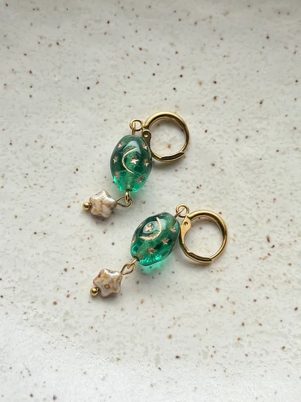 Handmade boho vintage goth grunge fairy whimsical style quality Czech glass moon/star beads stainless earrings🌝🌠💚⭐️ - Image 7