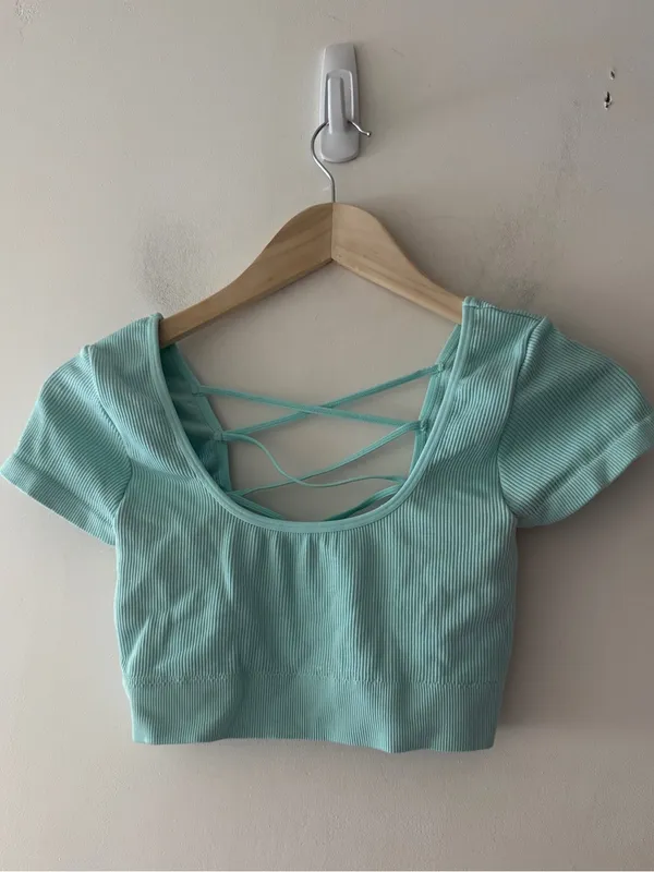 Aerie Mint Green Ribbed Strappy Back Crop Top - Image 2