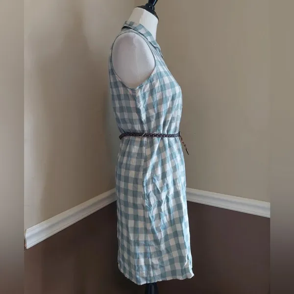 Gingham Shirt Dress Beige & Green Sleeveless Belted Mod Cottagecore Country - Image 3