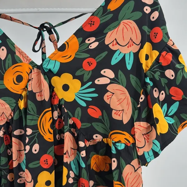 Entro Floral babydoll Blouse M Black Orange Yellow Green colorful flowy silky - Image 6