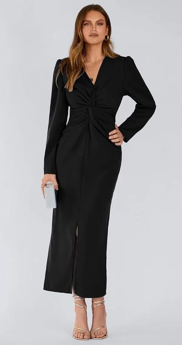 PRETTYGARDEN Women's Spring Fall Fashion Long Puff Sleeve Maxi Dresses V Neck Twist Front Formal Dress with Slit - Image 9