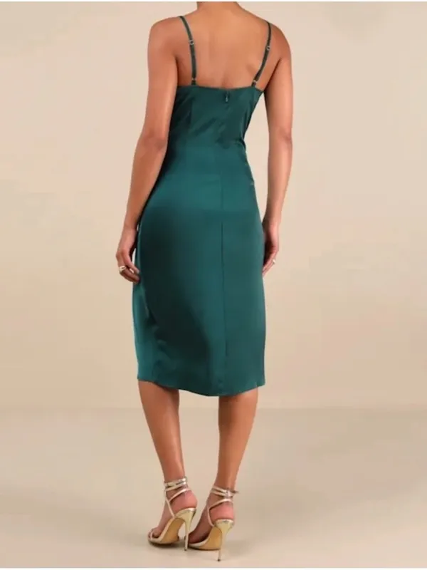 Lulus Women's Drape Neck Hollywood Woman's Forest Green Satan Midi Dress - Image 3