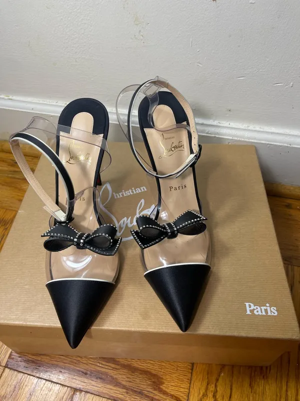 Christian Louboutin Black Naked Bow 100 Satin/Pvc/Patent Leather Pumps EU 41 - Image 10