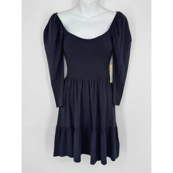 Nation LTD Noel Babydoll Dress XS Navy Pima Cotton Smocked Tiered Mini‎ - Image 6