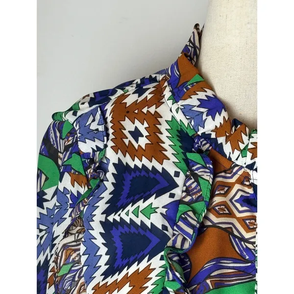 Joy Joy Dress Women Medium Blue Green Abstract‎ Long Sleeve Ruffle Neck Mini - Image 7