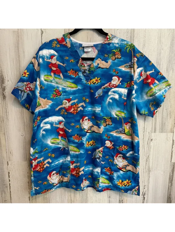 Peaches Uniforms Large Tropical Santa Christmas Scrub Top Surfing Hawaiian - Image 2