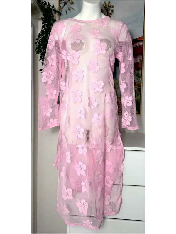 Women's Pink Floral Lace Fishnet Mesh Sheer Long Sleeve Midi Dress Cover Up M/L - Image 3