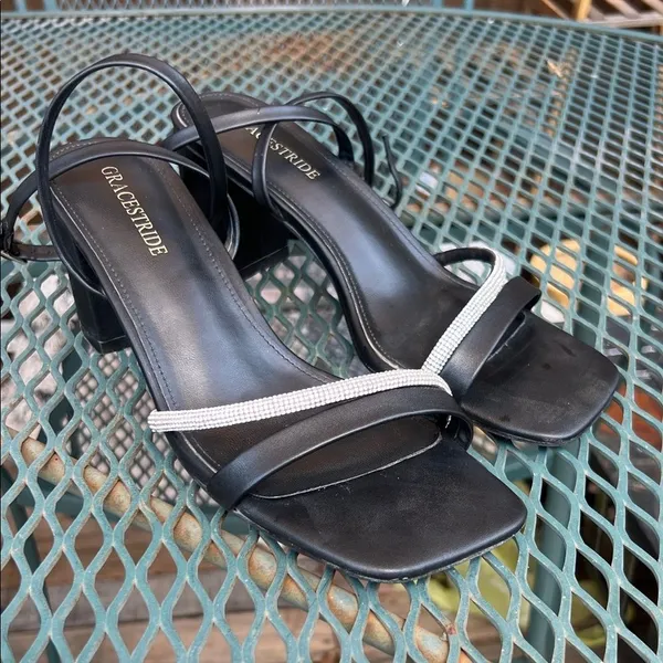 Source Unknown Black Strappy Platform 3 Inch Heels with Rhinestone Detail Bridesmaids Formal 8 - Image 2
