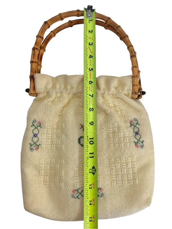 Vintage Monogram “S” Embroidered Cross Stitch Bamboo Handle Cottagecore Bag - Image 9