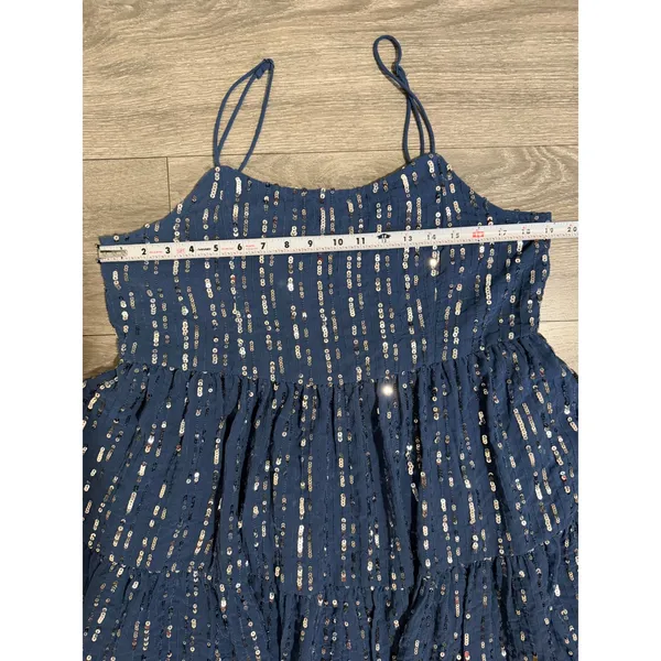 Urban Outfitters Mini Dress L Blue Sequin Babydoll Tiered Square Neck Y2K Indie - Image 7