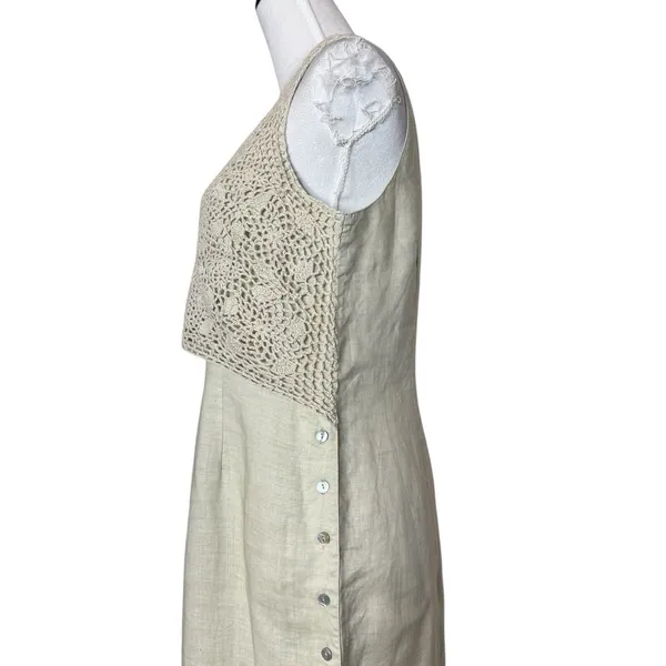 Vintage Y2K 100% Linen Maxi Dress Size 8 Crochet Button Up Fairy Coastal Boho - Image 4