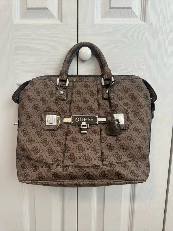 GUESS Brown Monogram Satchel Purse with Logo Plaque - Image 2