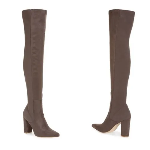 Everley Over‎ The Knee Boots Women 10M Grey Taupe Faux Suede Block Heel Pointed - Image 2