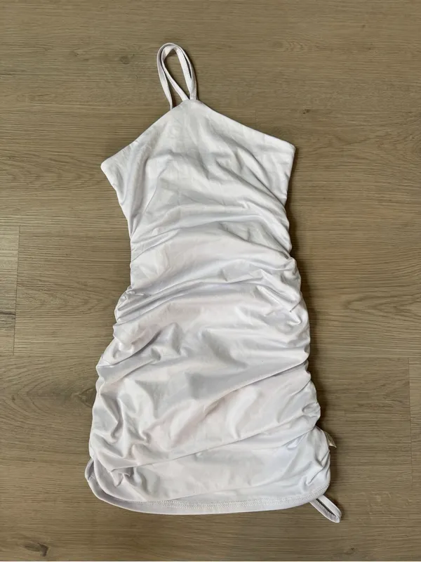 Ruched Halter Mini Dress with ruched sides and open back in White - Image 2