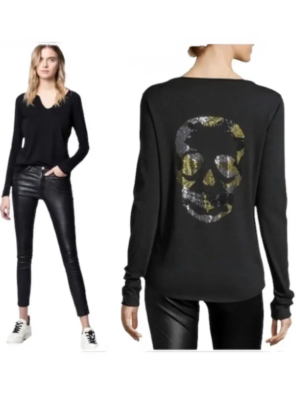 Zadig and Voltaire Tunisien Camo Skull Henley Top Size Small Rock and Roll Edgy - Image 3