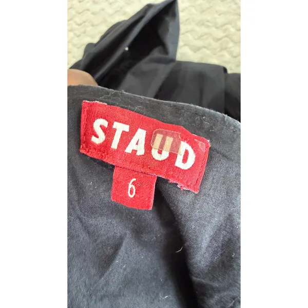 Staud Black Cotton Tiered Midi Dress Square Neck Off Shoulder Button Front 6 - Image 4