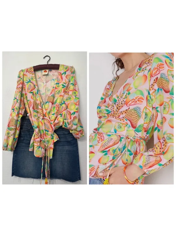 Farm Rio by Anthropologie $138 Rainforest Summer Fruit Print Wrap Blouse Medium - Image 2