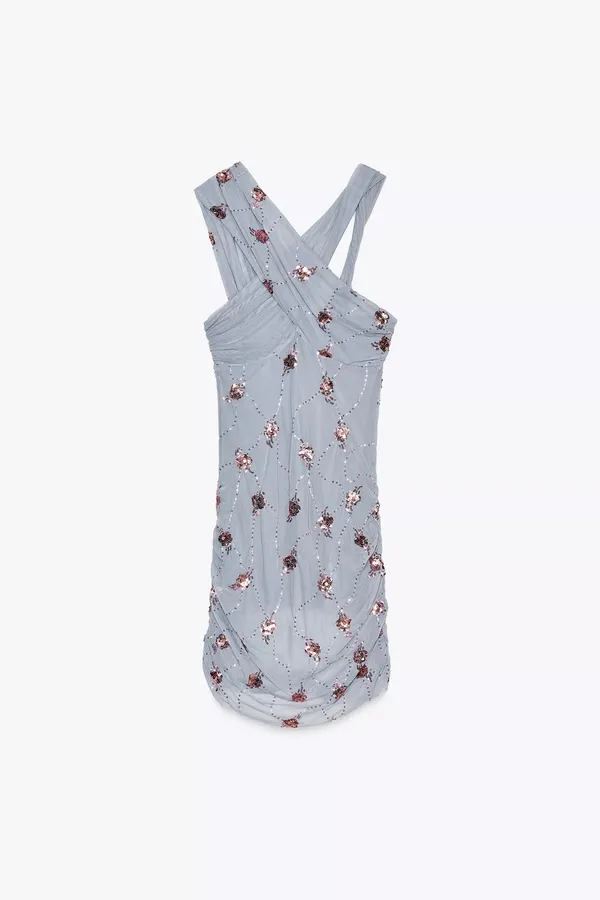 ZARA Draped Sequin Mini Dress blue - Image 3