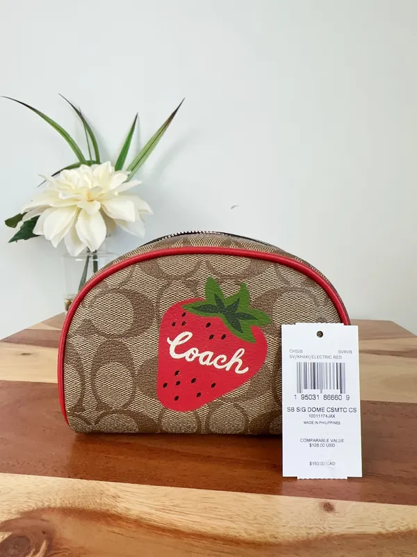Coach NWT Dome Cosmetic Bag In Signature Canvas With Wild Strawberry - Image 6