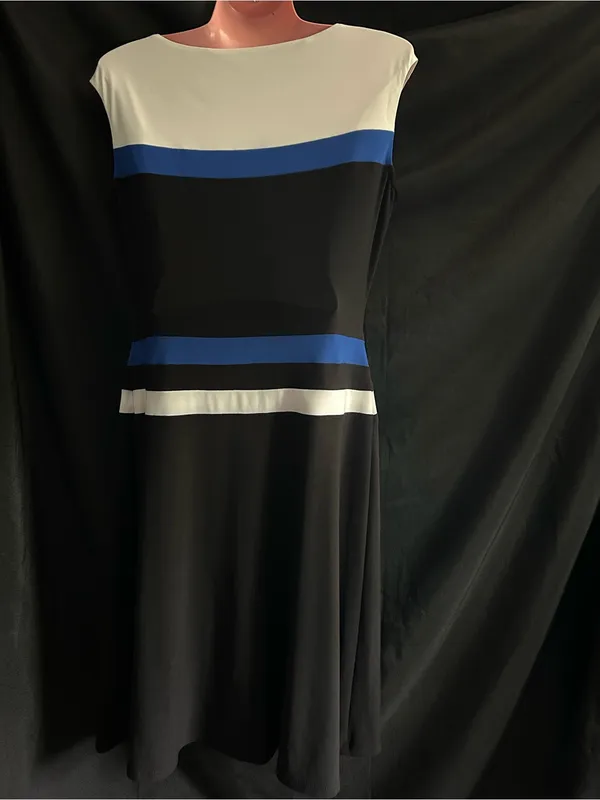 Ralph Lauren Women's Black A-Line Dress Blue & White Stripes SZ 10 - Image 2