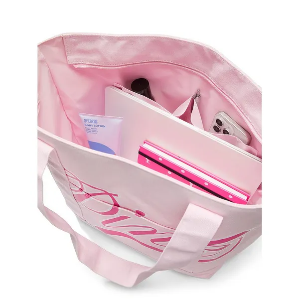 VS Victoria's Secret PINK Canvas Tote Bag Pink Gossip & White NEW - Image 4