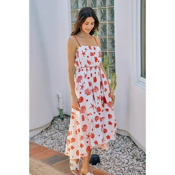 SO ME Shell Print Tiered Lined Midi Cami Dress With Belt‎ - Large - Image 5