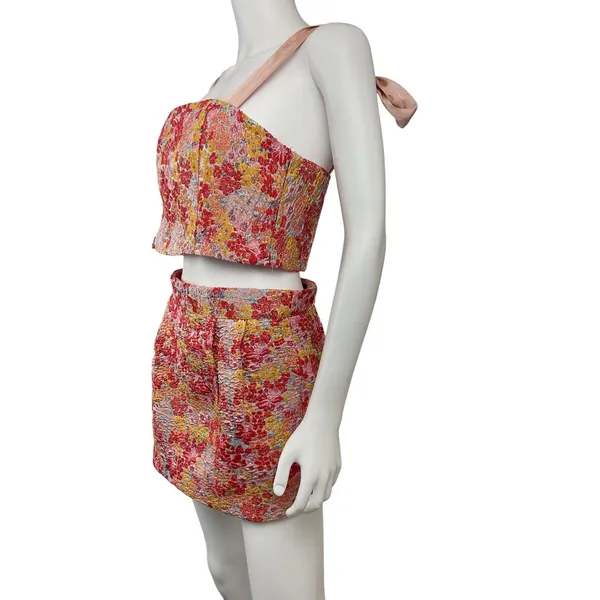Lulus Floral Two Piece Set Crop Top Mini Skirt‎ Pink Yellow Red Medium M - Image 4