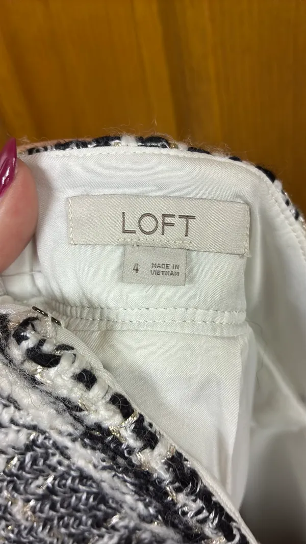 Loft Tweed Skirt Plaid Black White Pocket - Image 3