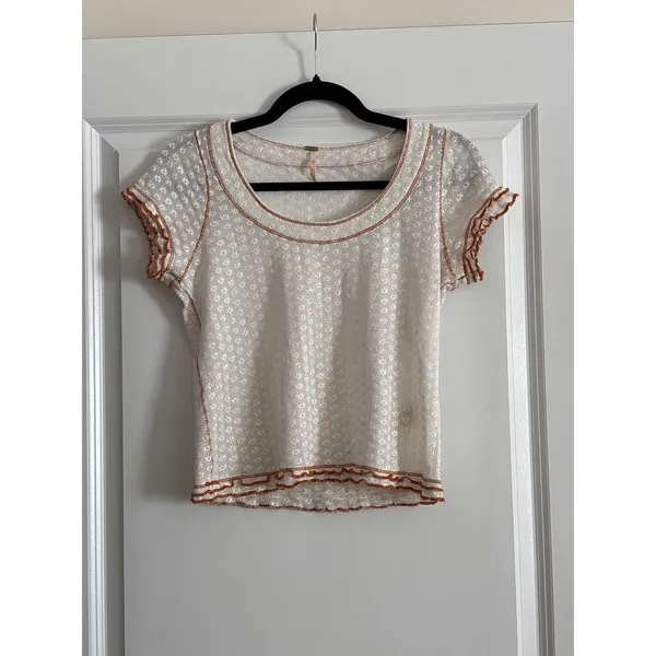 Free People White Garner Tee Pointelle Floral Lettuce Edge Trim Cotton Small - Image 4