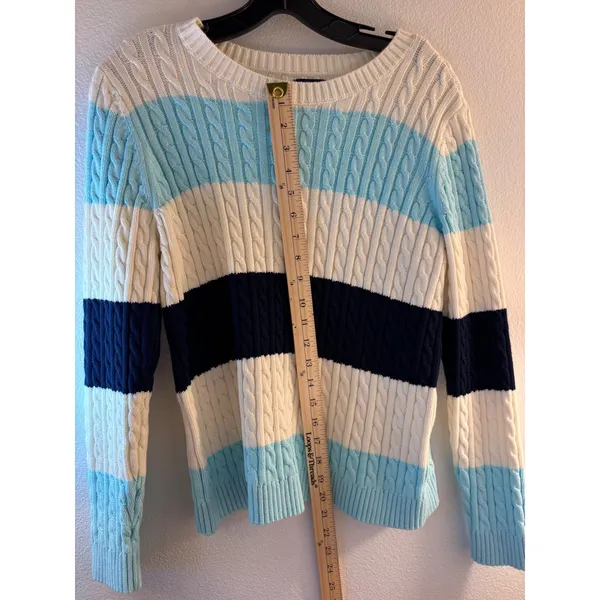 Lands End Drifter Cable Knit Sweater Blue Cream Striped Cotton Crew Neck S 6-8 - Image 2