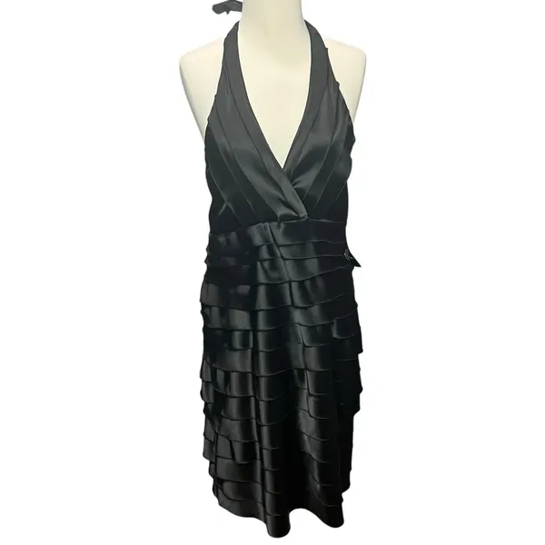 Scarlett Nite Y2K Halter Dress 14 Black Satin Tiered Ruffled Cocktail Retro HOCO - Image 2