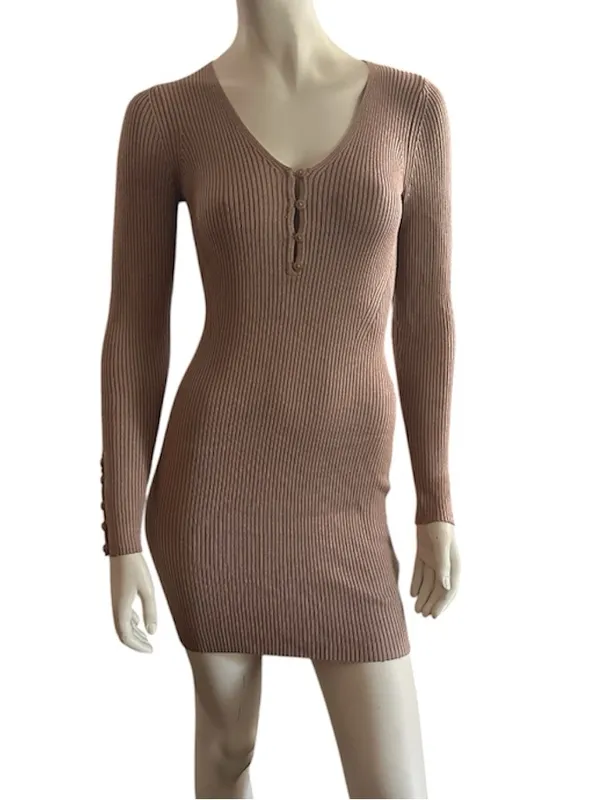 Abercrombie & Fitch Henley Ribbed Button Cuff Sweater Dress Tan Small NWT - Image 2
