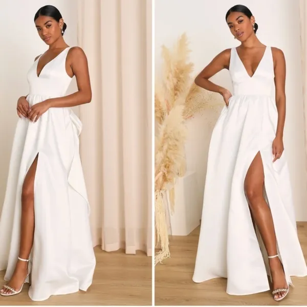 LULU's Bridal Wedding Chic Modern Sexy Minimalist Sexy Satin A-Line Gown - Image 3