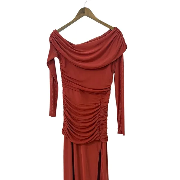 Lulus Darla Rust Red Mesh One-Shoulder Long Sleeve Maxi Dress size Large NWT - Image 5