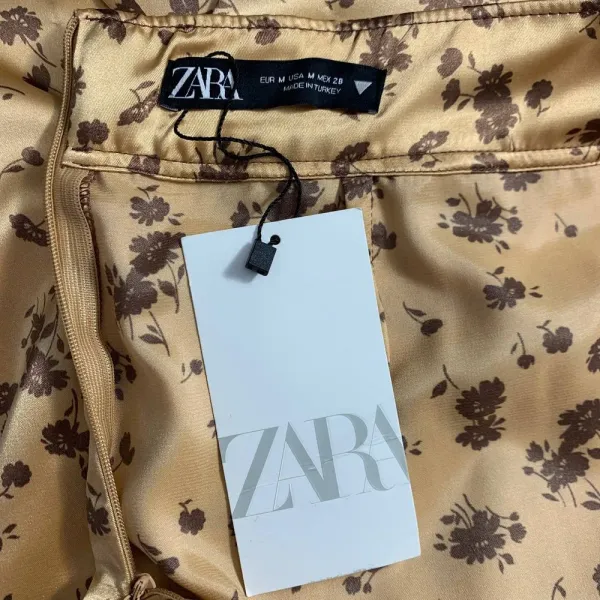 Zara Floral Print Slip Midi Skirt In Tan Gold Brown Satin Size‎ US Medium - Image 12
