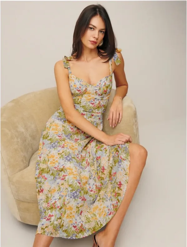 Reformation Pastel Floral Tie-Shoulder Midi Dress - Image 3
