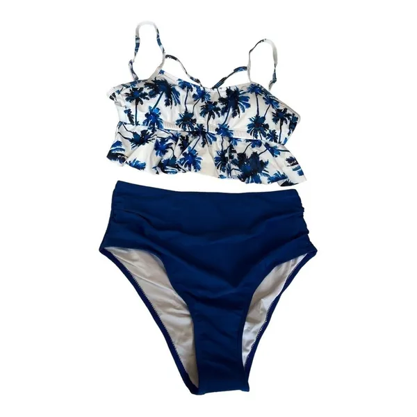 Blue Palm Tree Ruffle Bikini Set High Waisted Swimsuit‎ Womens Size Medium NEW - Image 4