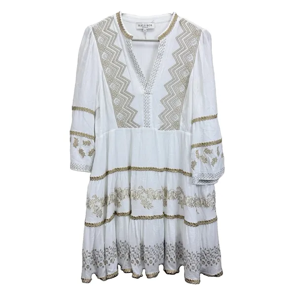Hale Bob White Gold Embroidered Boho V Neck Tiered Gauze Taliah Dress MEDIUM - Image 6