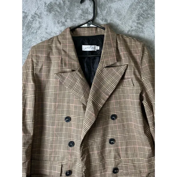 Petal +‎ Pup Plaid Double Breasted Blazer Brown Career Office Work Dark Academia - Image 2