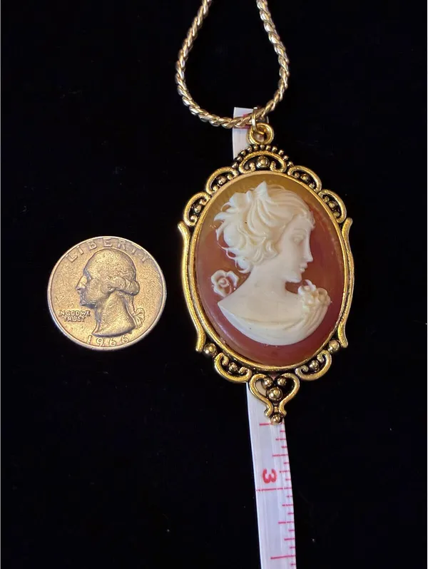 Vintage Style Gold Tone Cameo Necklace – Mid Century Victorian Revival 24” - Image 3