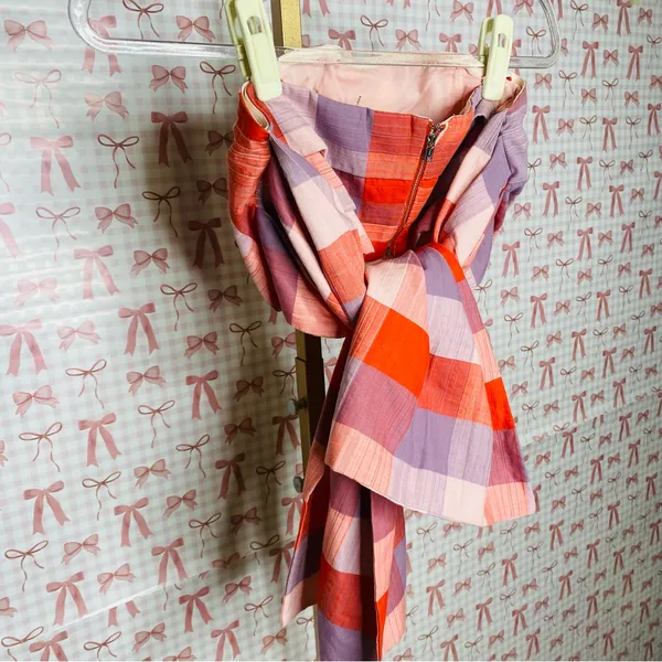 Anthropologie English Factory Pink & Purple Plaid Strapless Tie Back Bow Top S - Image 4