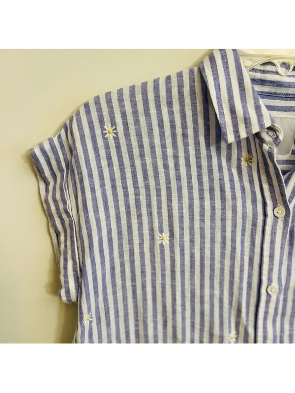 Rails Whitney Blue White Stripe Daisy Short Sleeve Collared Linen Rayon Shirt XS - Image 7