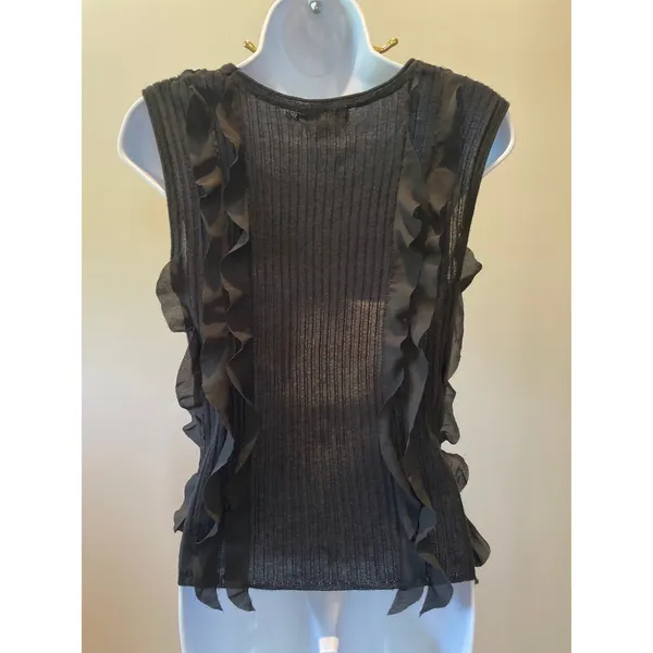 Lucky Brand Sleeveless Knit Top Size M Black Sheer Ruffle Detail - Image 2